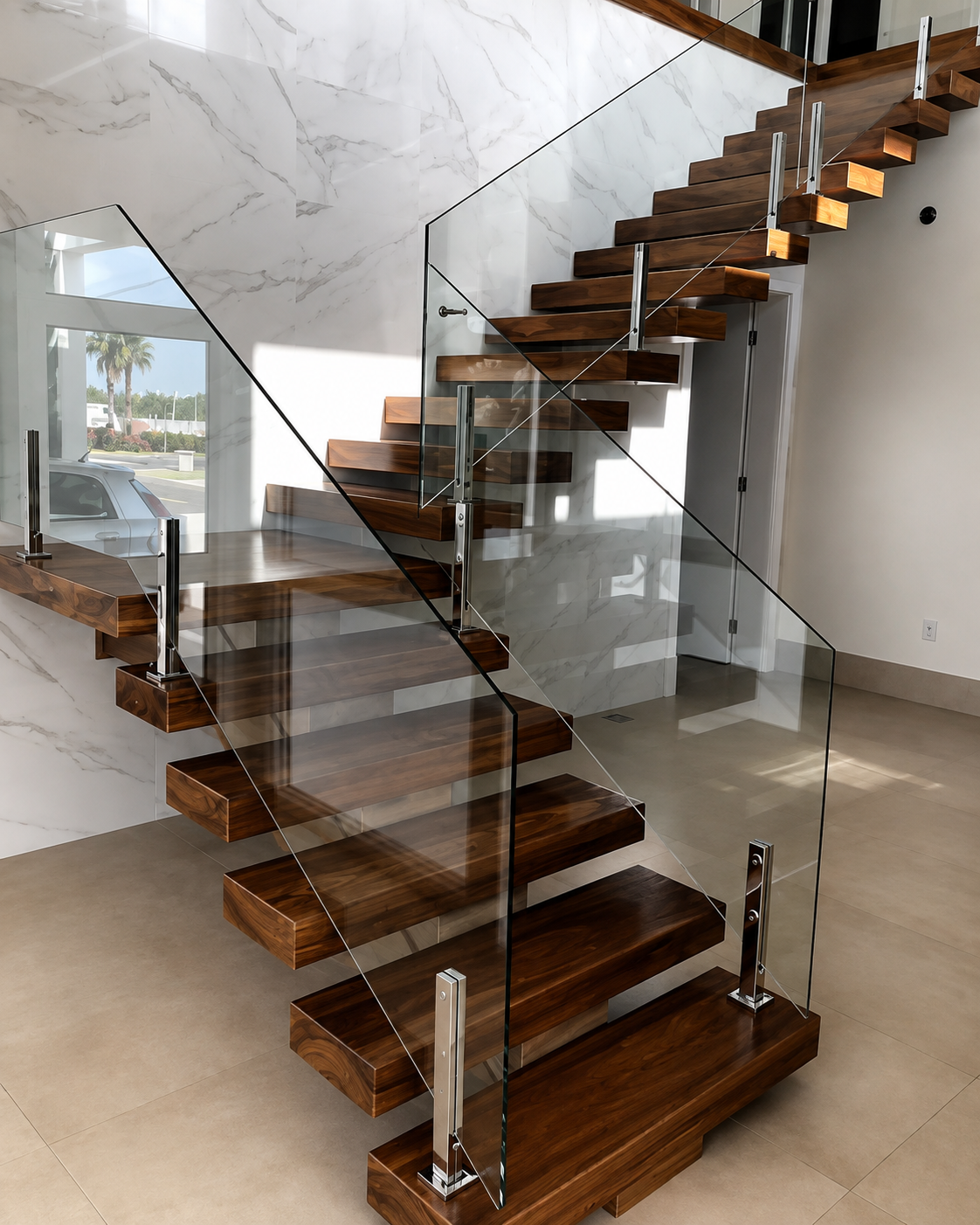 Minimal frameless glass staircase railing