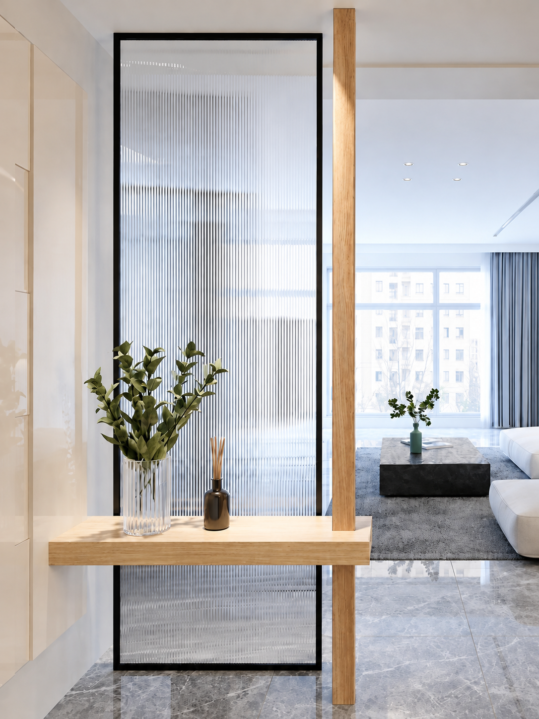 Black framed fluted glass partition