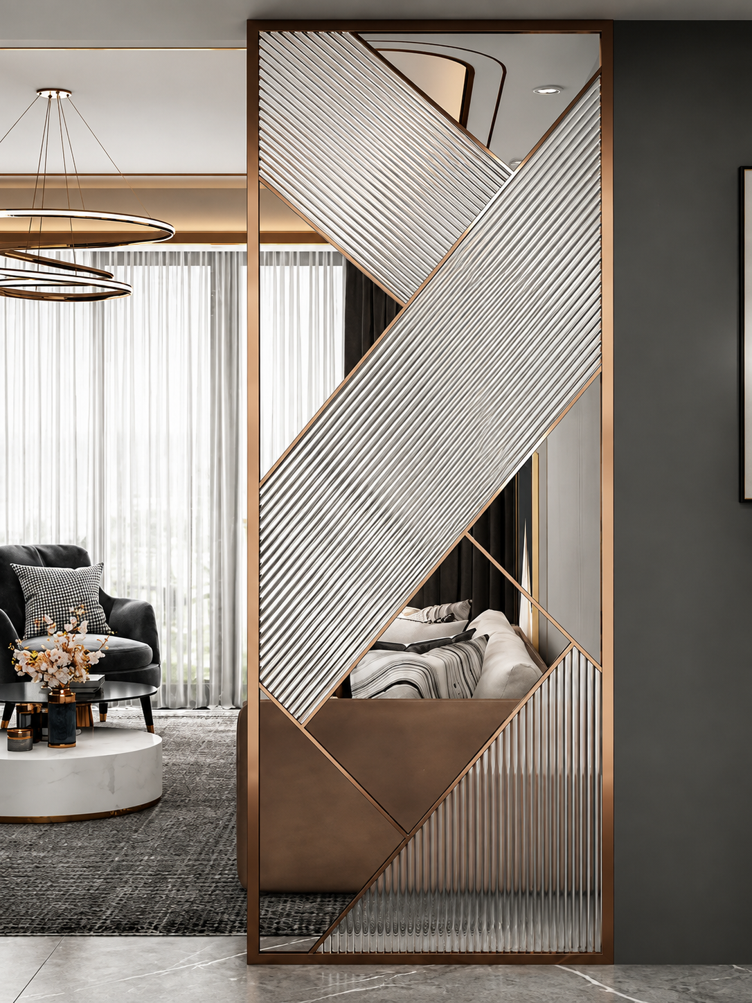 Geometric bronze partition with diagonal fluted glass panels